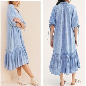 Free People Maya Blue Midi Shirt Dress Boho Oversized Button Down V-Neck